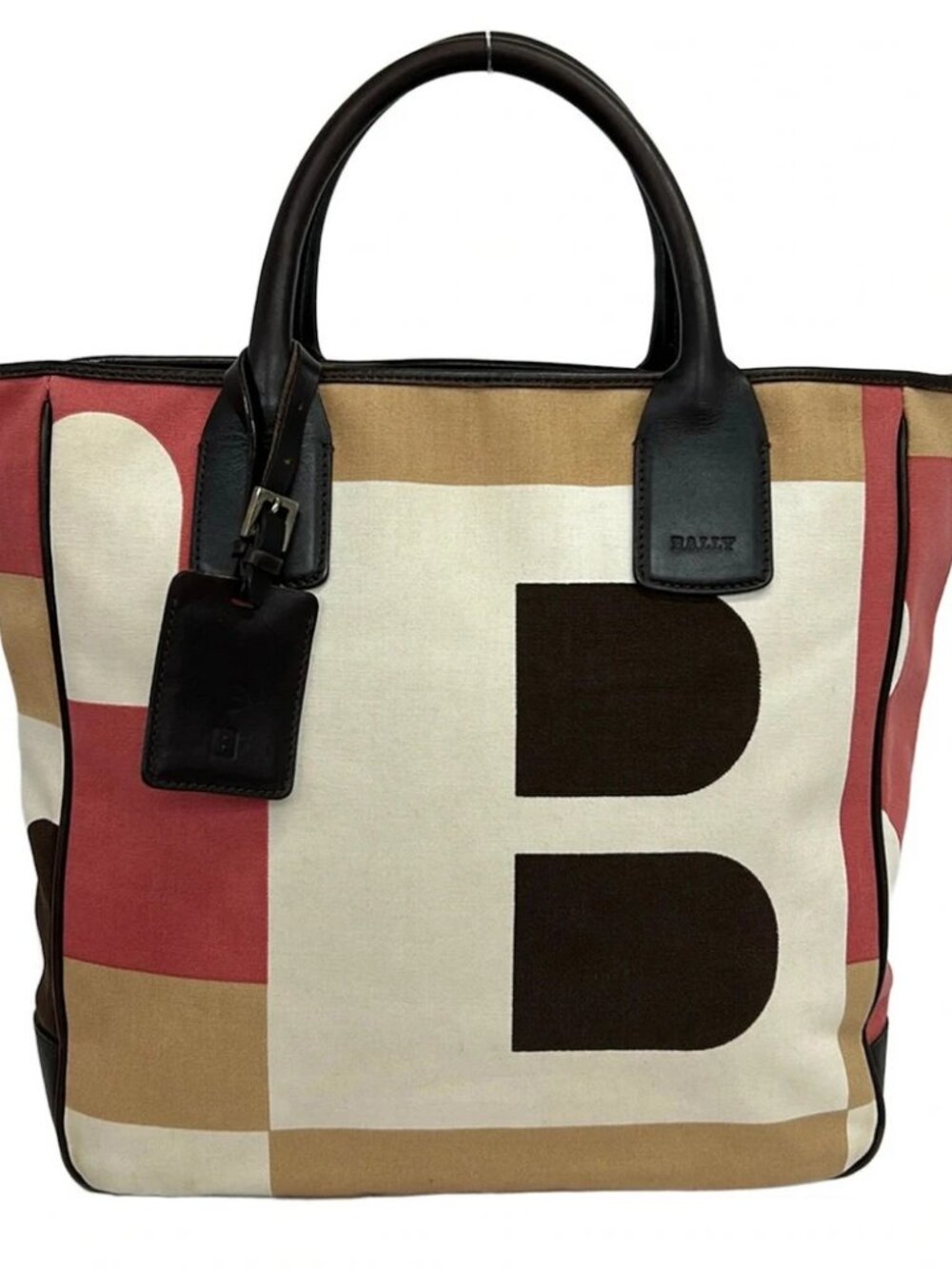 BALLY Cream Pink Multi Canvas Leather Tote Bag